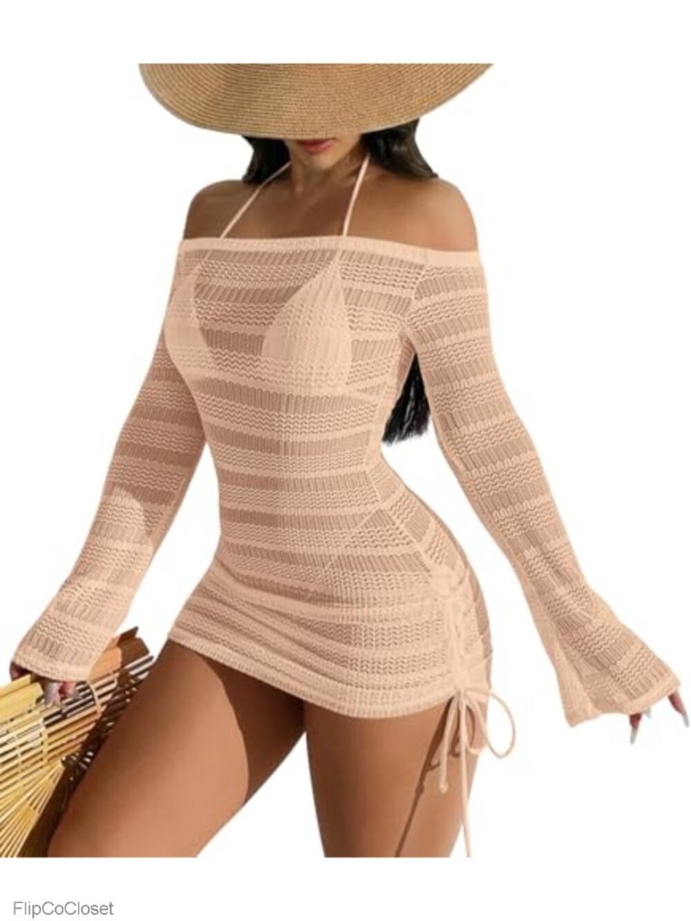 Women's Off Shoulder Swimsuit Coverup Long Bell Sleeve Hollow Out Beach Dress